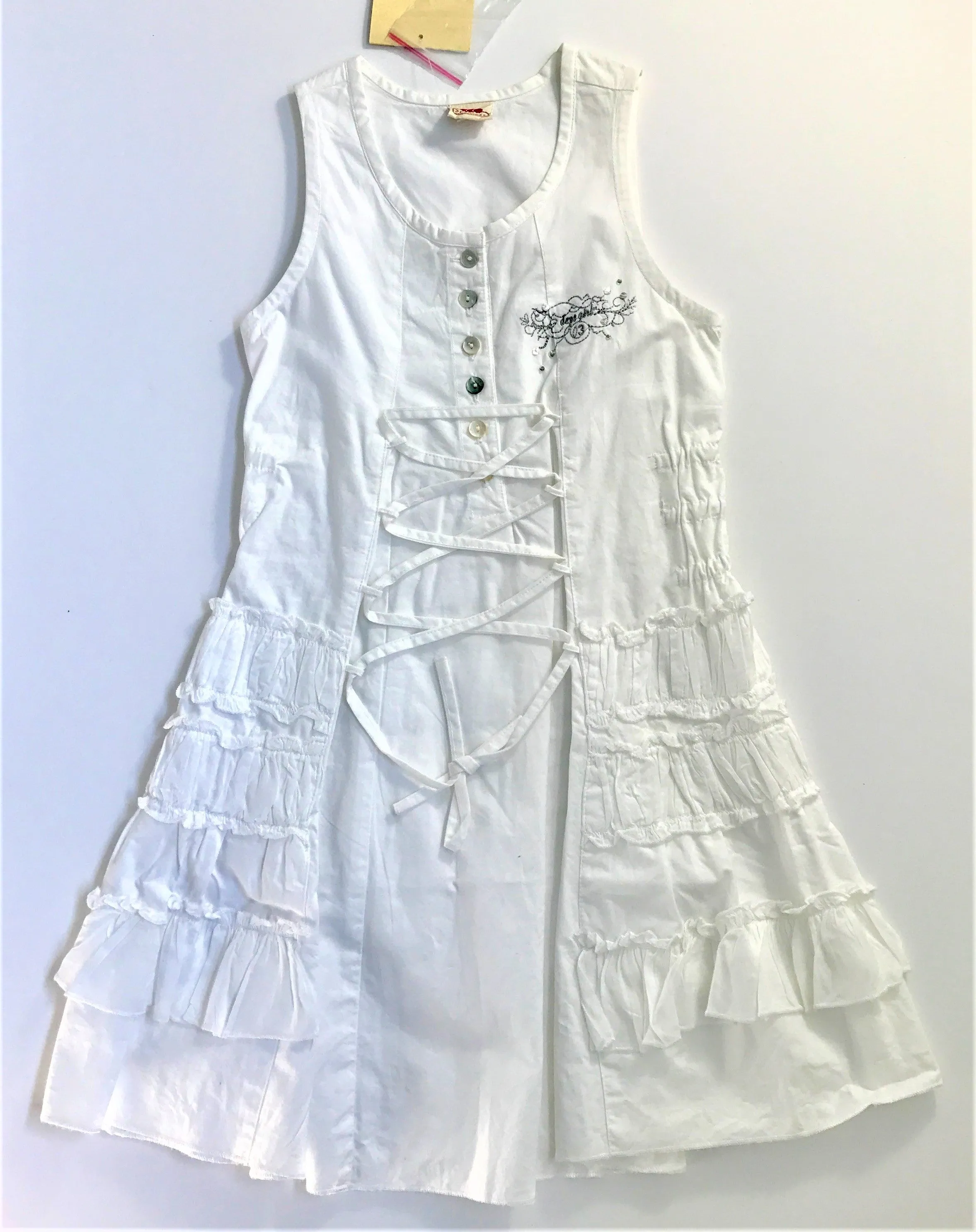 3Pommes White Tiered Front Lace-up Cotton Dress