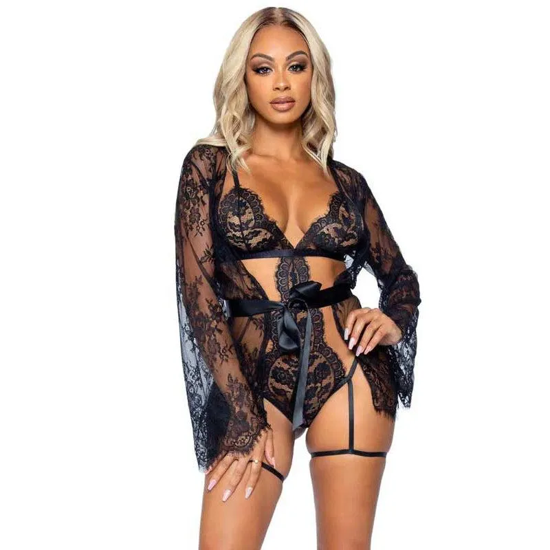 All Romance Lace Teddy and Robe Set - Large -  Black