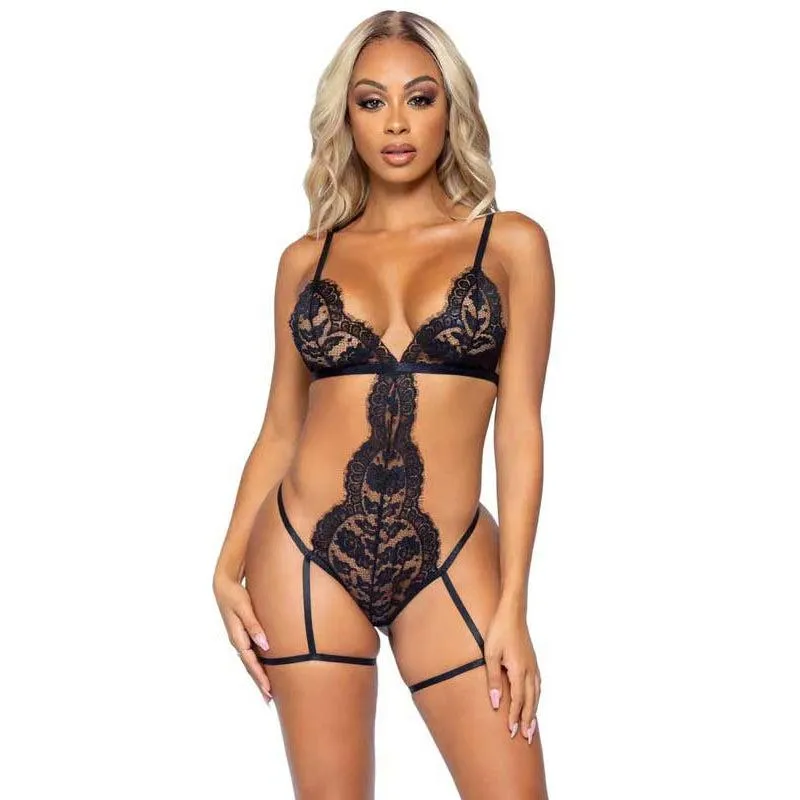 All Romance Lace Teddy and Robe Set - Large -  Black