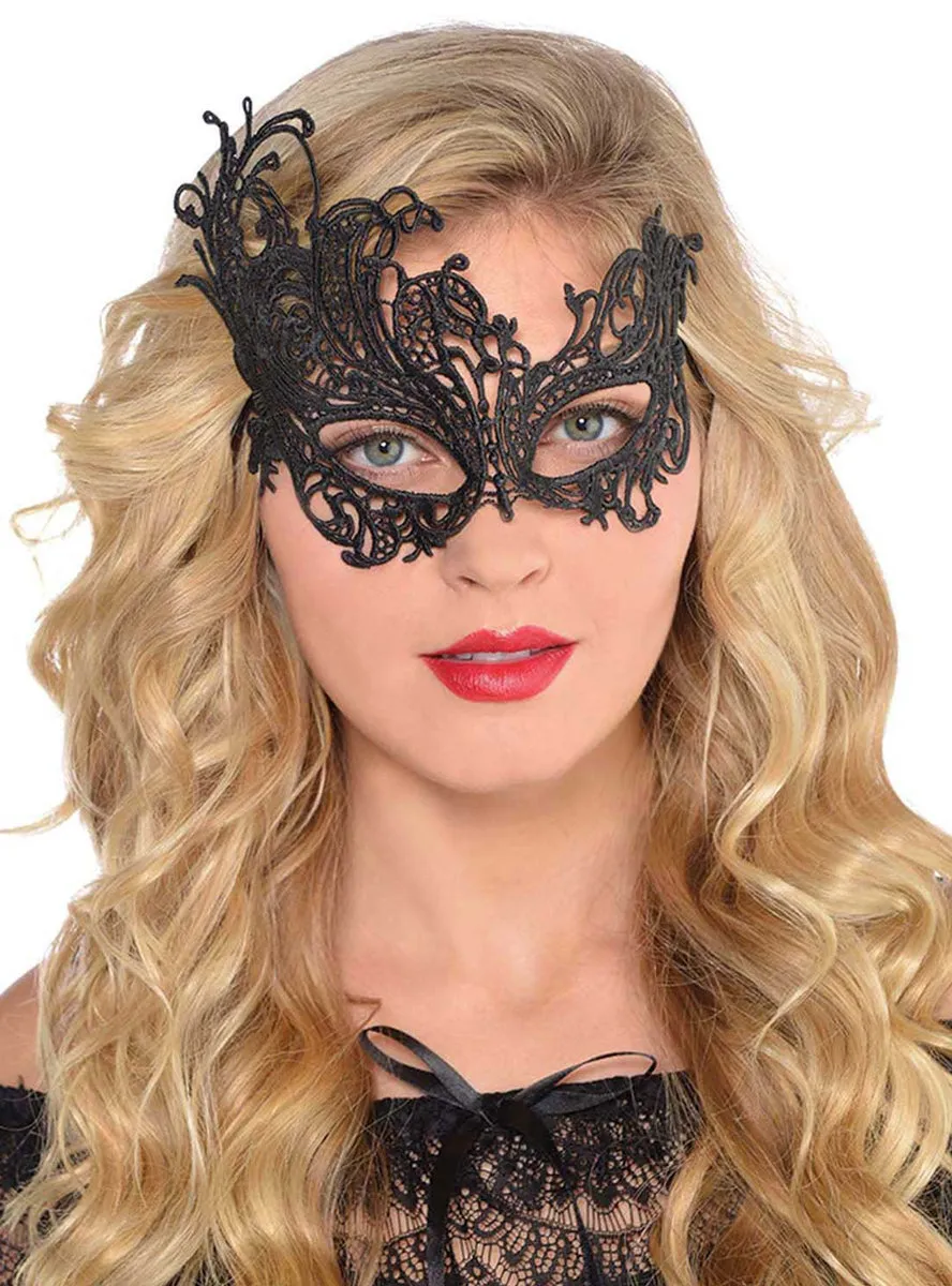 Asymmetrical Womens Black Lace Masquerade Mask