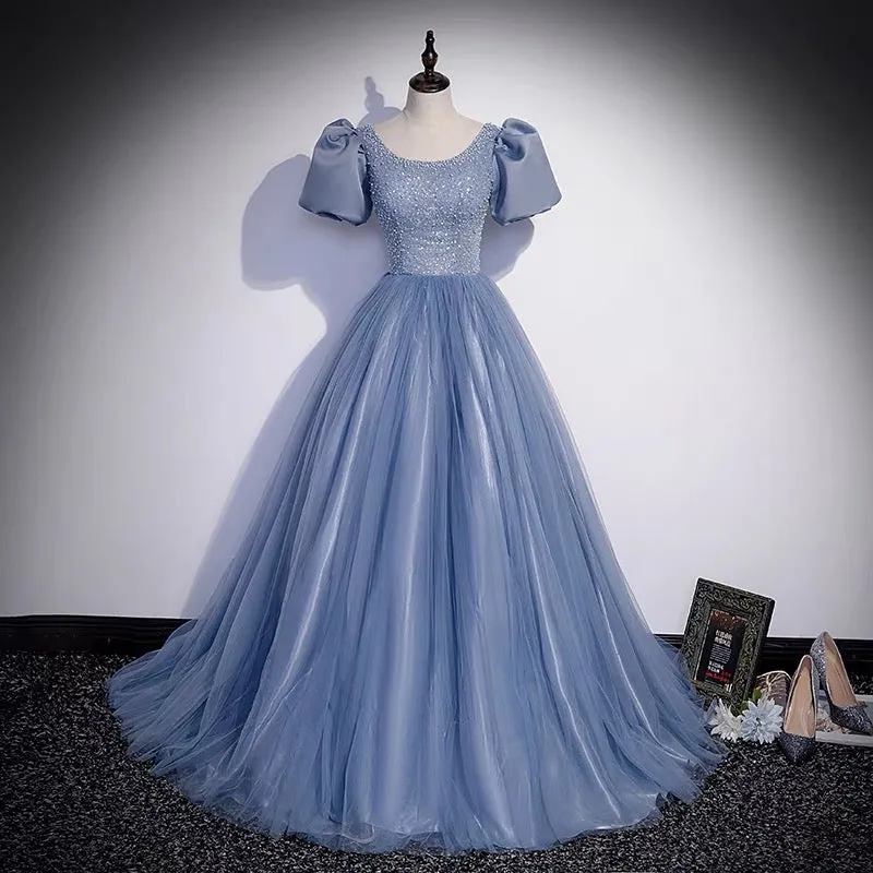 Ball Gown Dusty Blue Prom Dress with Bubble Sleeves