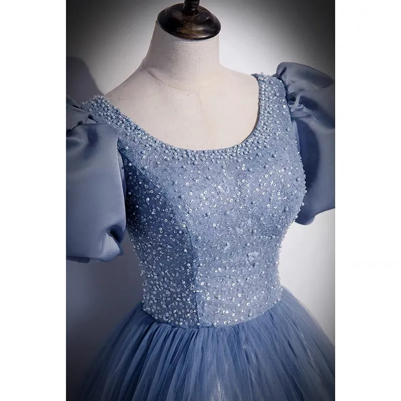 Ball Gown Dusty Blue Prom Dress with Bubble Sleeves