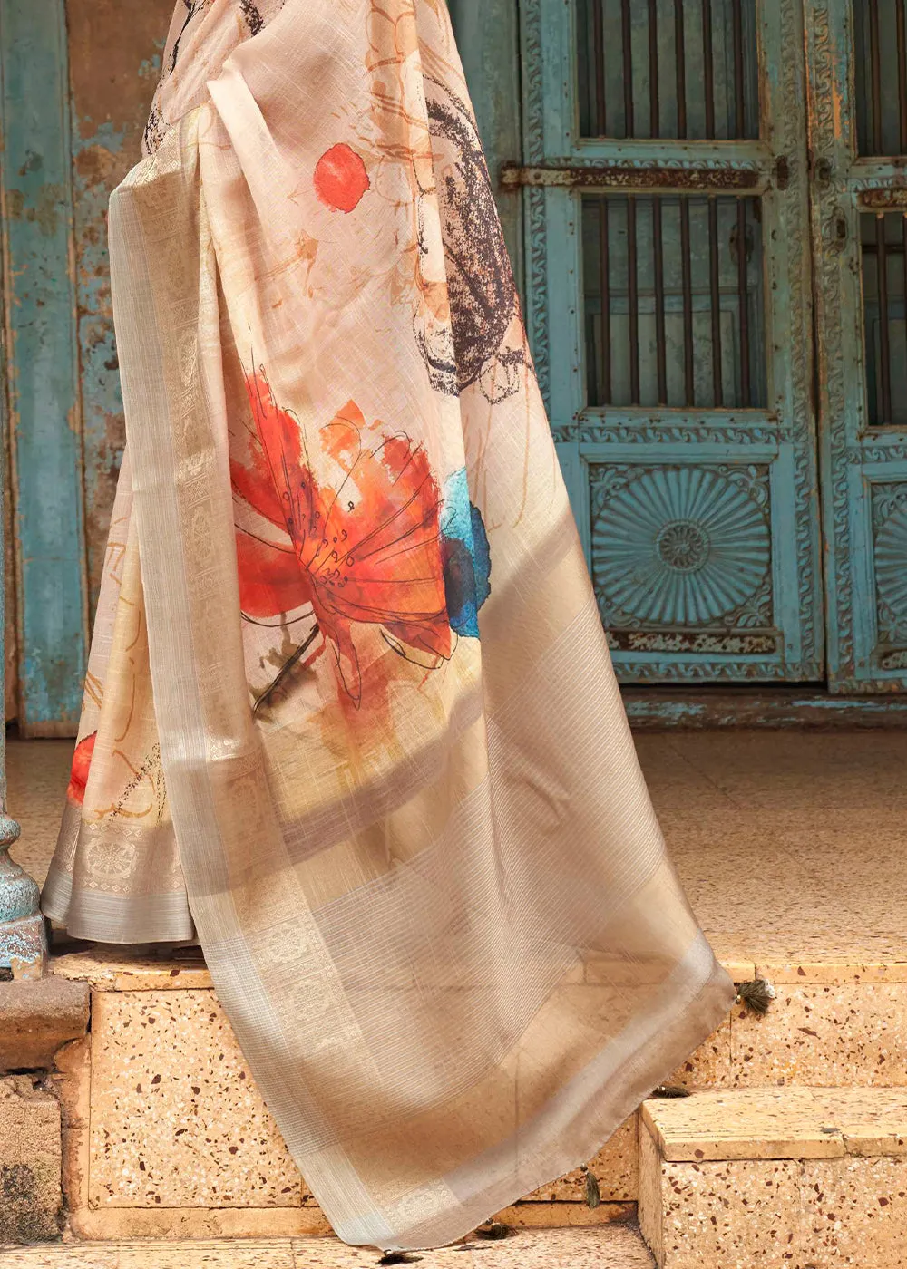 Beige Brown Floral Printed linen Saree with Zari Border