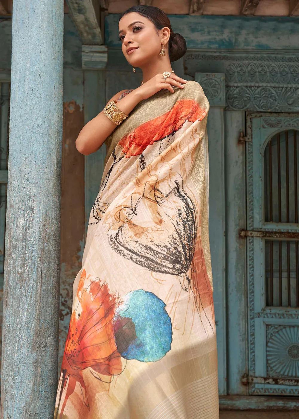 Beige Brown Floral Printed linen Saree with Zari Border