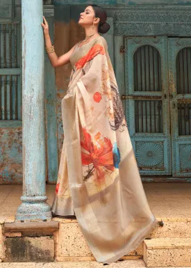 Beige Brown Floral Printed linen Saree with Zari Border