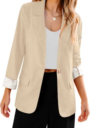 Beige Women's Business Casual Pocket Notched Lapels Blazer Long Rolled Up Sleeve Blazer