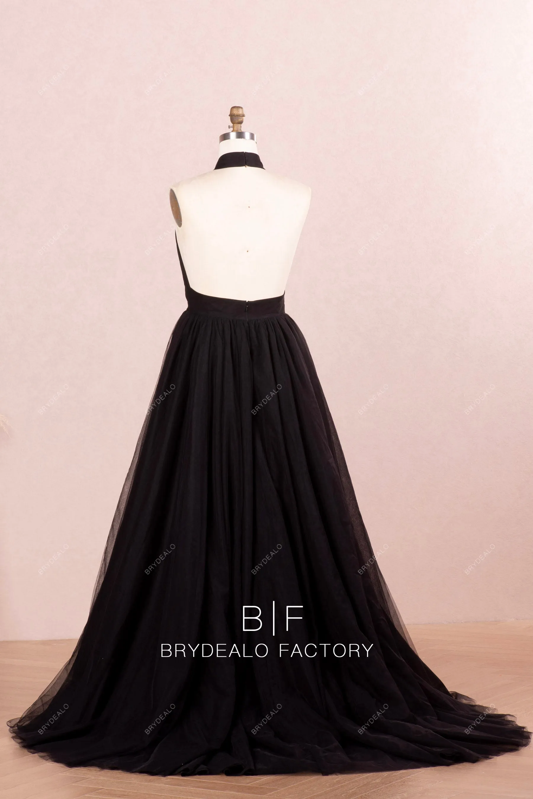 Black Halter Plunge Neck Tulle Prom Ball Gown