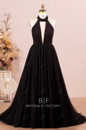 Black Halter Plunge Neck Tulle Prom Ball Gown