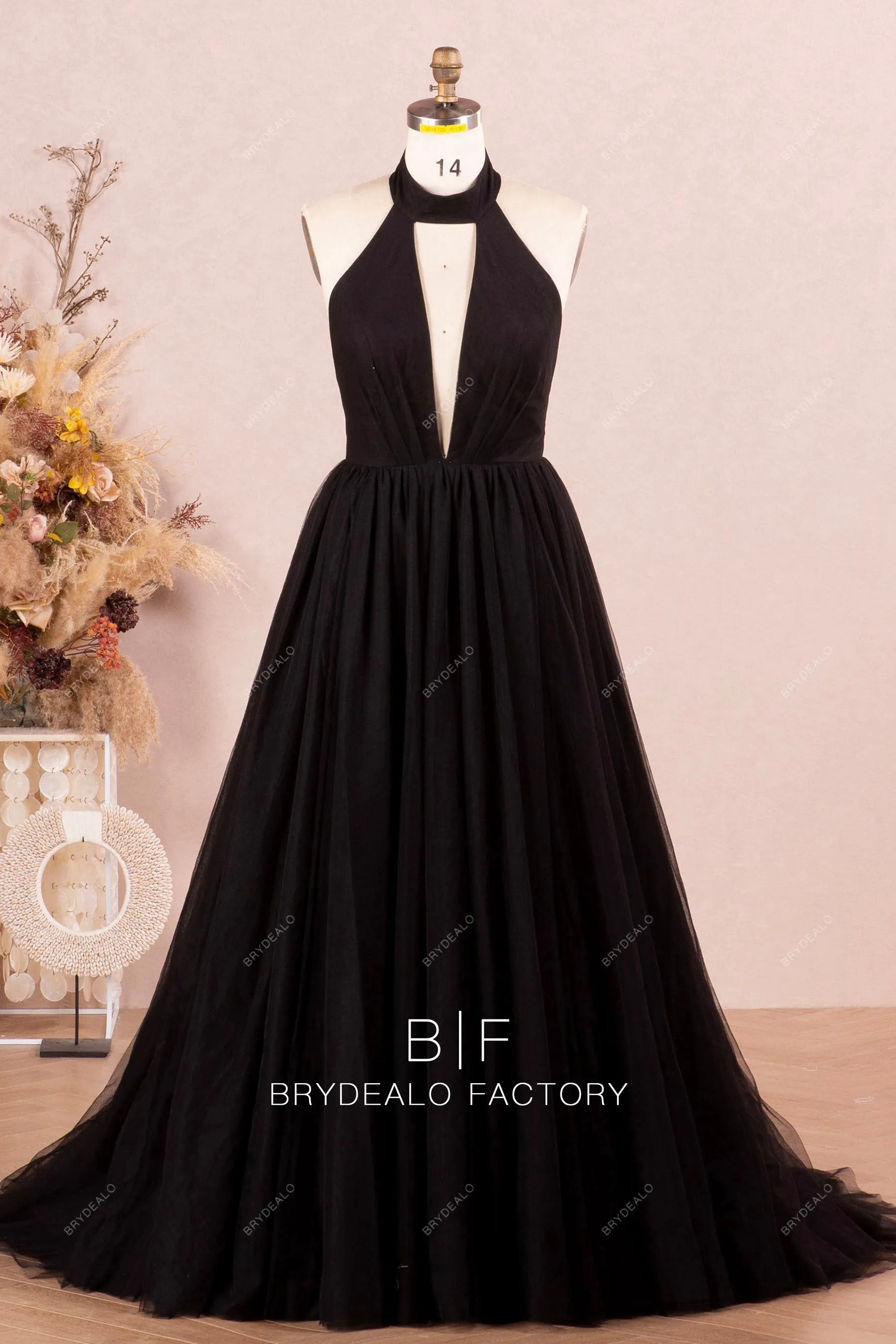 Black Halter Plunge Neck Tulle Prom Ball Gown