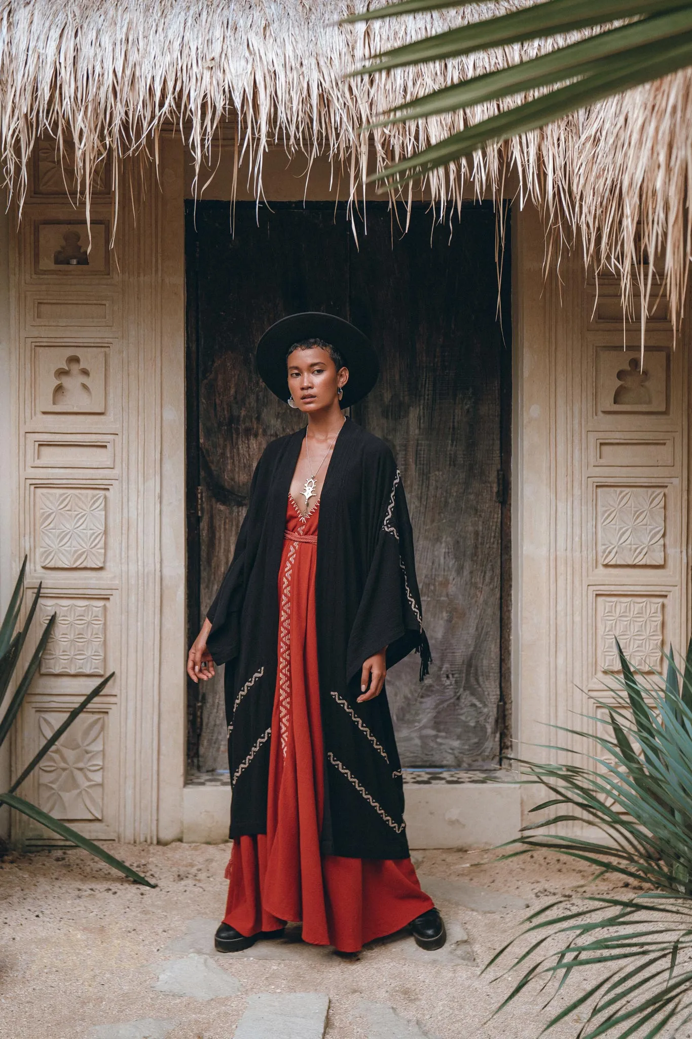 Black Organic Poncho • Tribal Cotton Robe • Hand Embroidered Overcoat