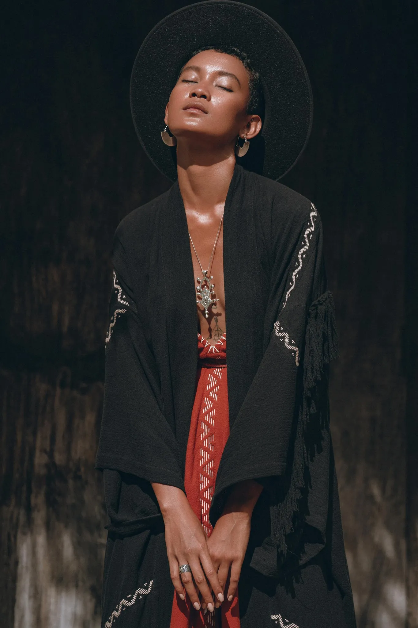 Black Organic Poncho • Tribal Cotton Robe • Hand Embroidered Overcoat