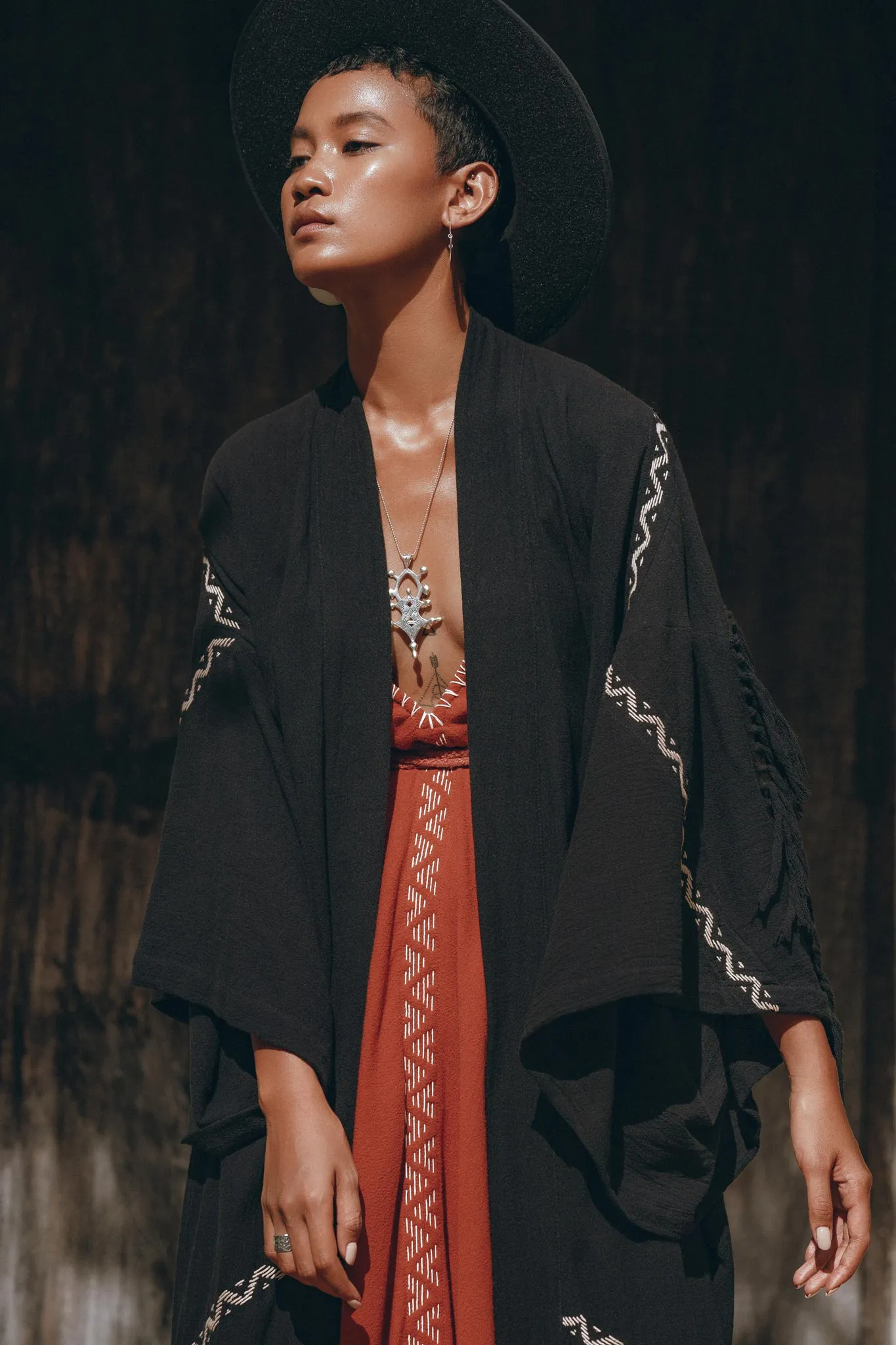 Black Organic Poncho • Tribal Cotton Robe • Hand Embroidered Overcoat