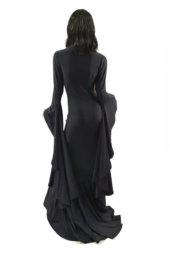 Black Zen Morticia Gown with V Neckline & Sorceress Sleeves