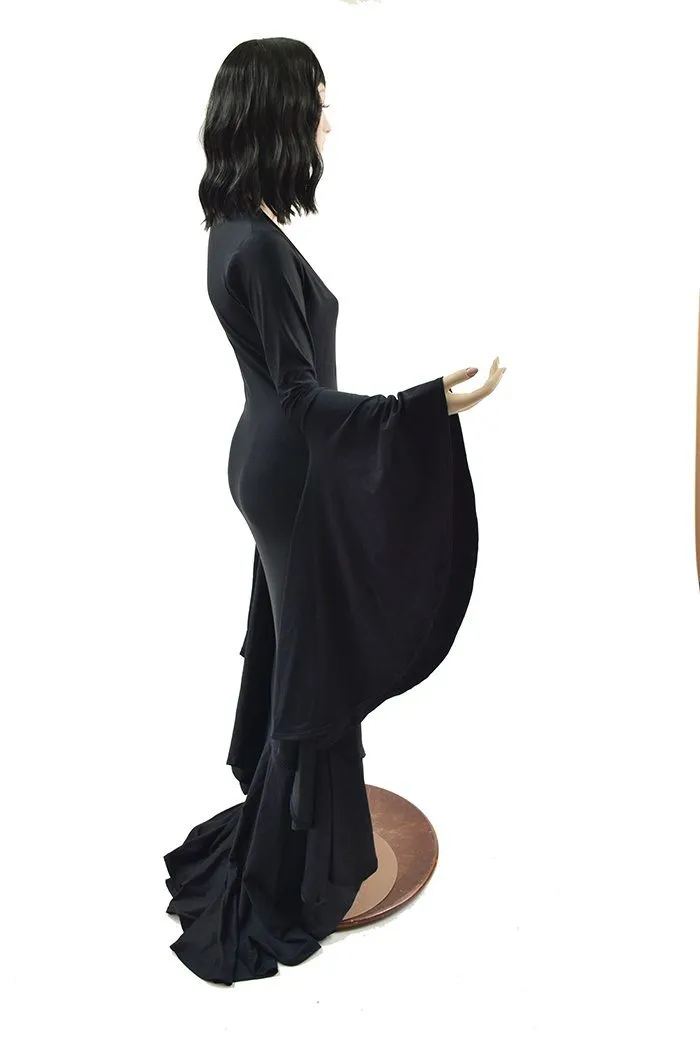 Black Zen Morticia Gown with V Neckline & Sorceress Sleeves