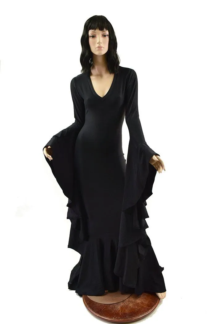 Black Zen Morticia Gown with V Neckline & Sorceress Sleeves