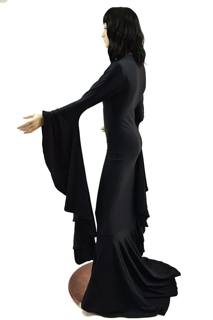 Black Zen Morticia Gown with V Neckline & Sorceress Sleeves