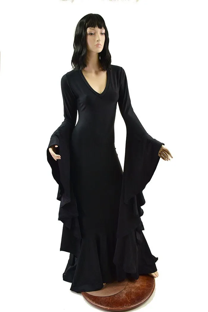 Black Zen Morticia Gown with V Neckline & Sorceress Sleeves