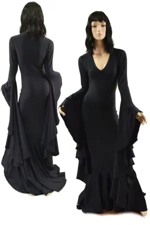 Black Zen Morticia Gown with V Neckline & Sorceress Sleeves