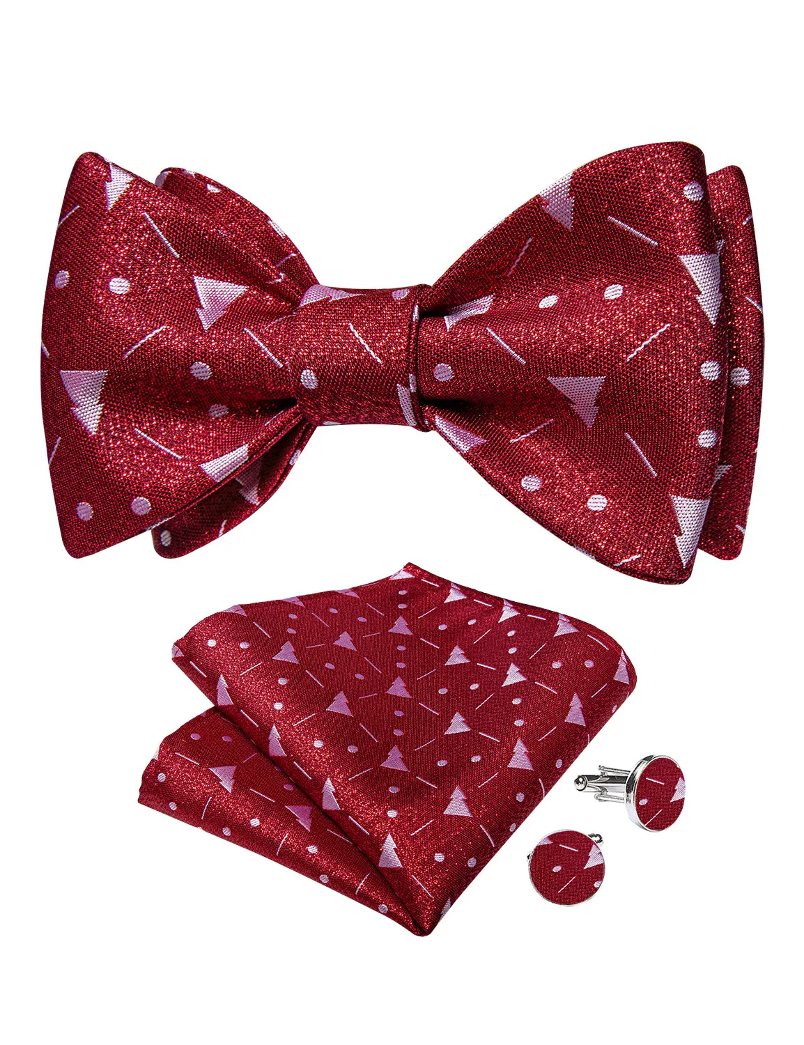 Christmas Silver Snowflake Red Solid Silk Bowtie Pocket Square Cufflinks Set