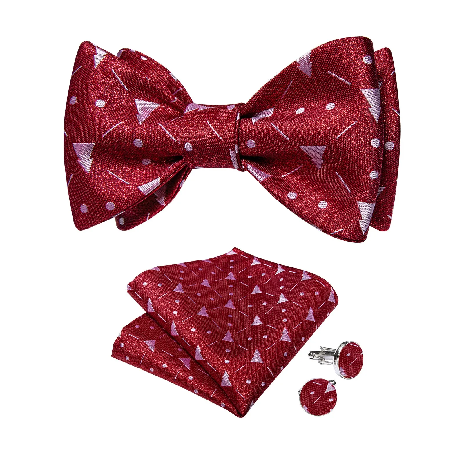 Christmas Silver Snowflake Red Solid Silk Bowtie Pocket Square Cufflinks Set