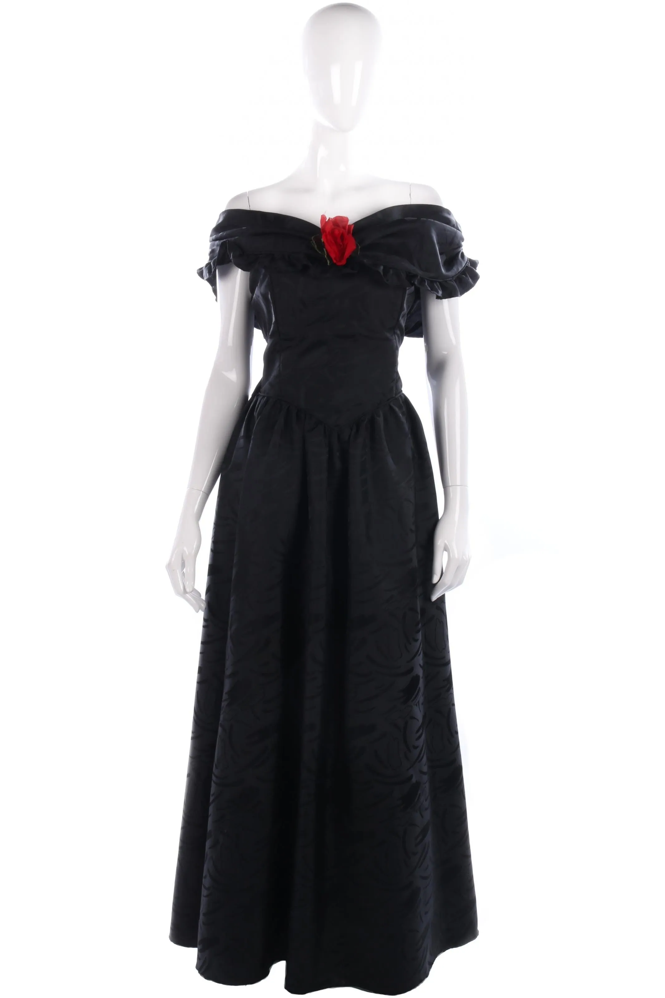 Classic black off shoulder ball gown with red rose