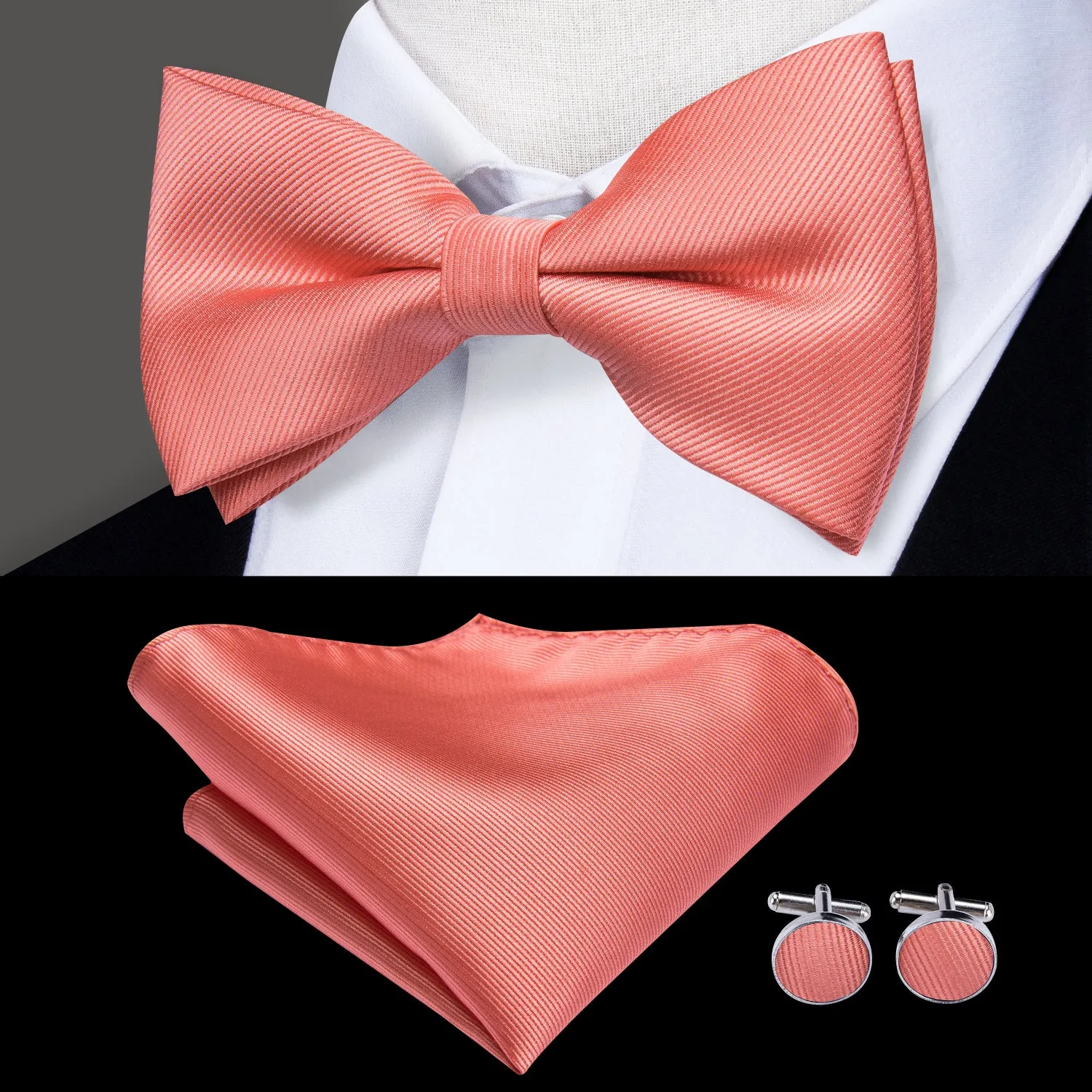 Coral Solid Pre-tied Bow Tie Hanky Cufflinks Pin Set