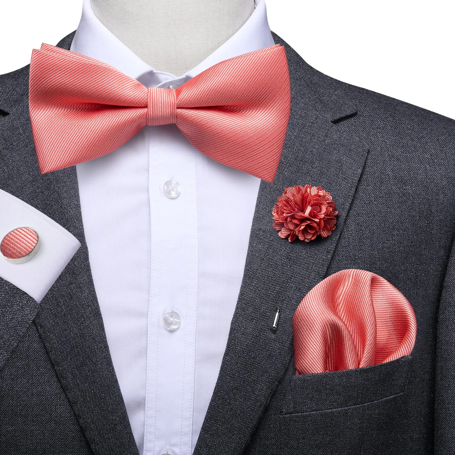 Coral Solid Pre-tied Bow Tie Hanky Cufflinks Pin Set