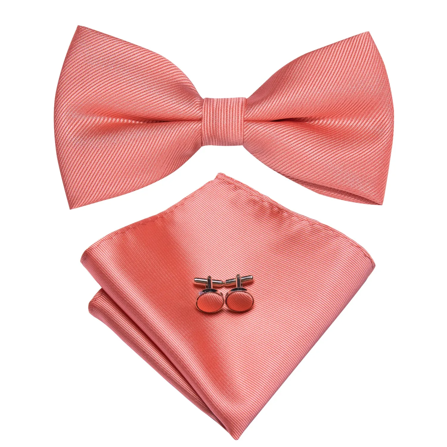 Coral Solid Pre-tied Bow Tie Hanky Cufflinks Pin Set