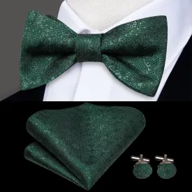 Dark Green Floral Pre-tied Bow Tie Hanky Cufflinks Set