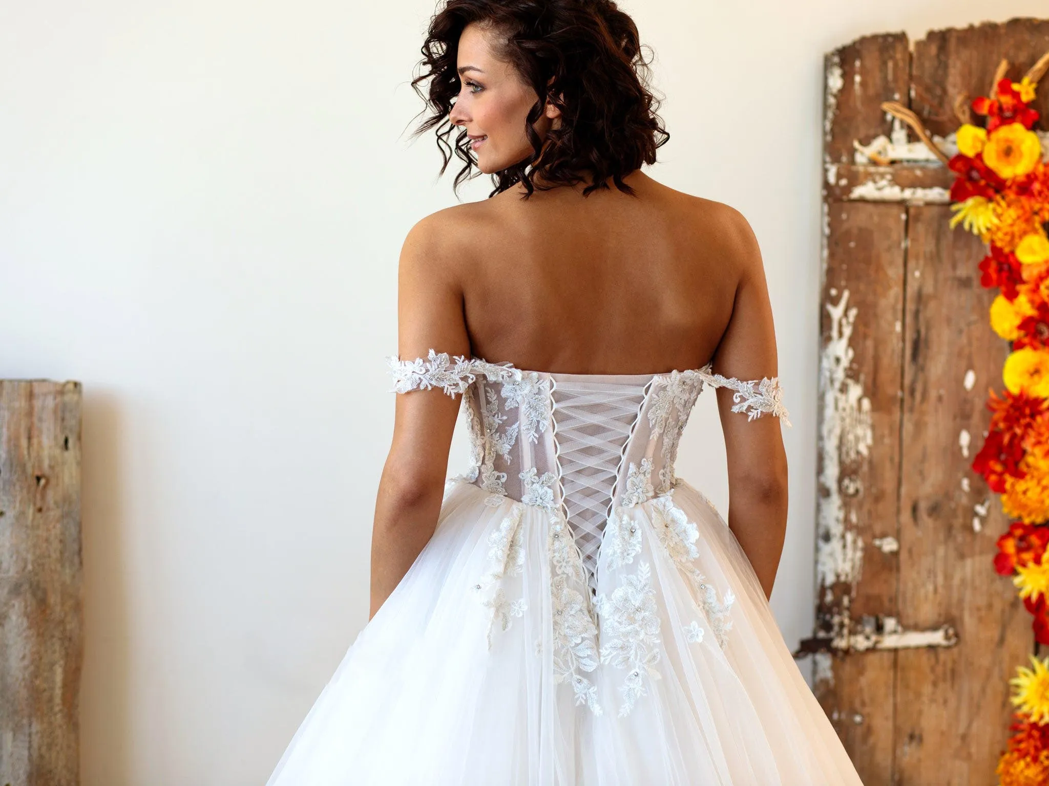 Designer Lace Illusion Corset Off-shoulder Ball Gown Wedding Dress