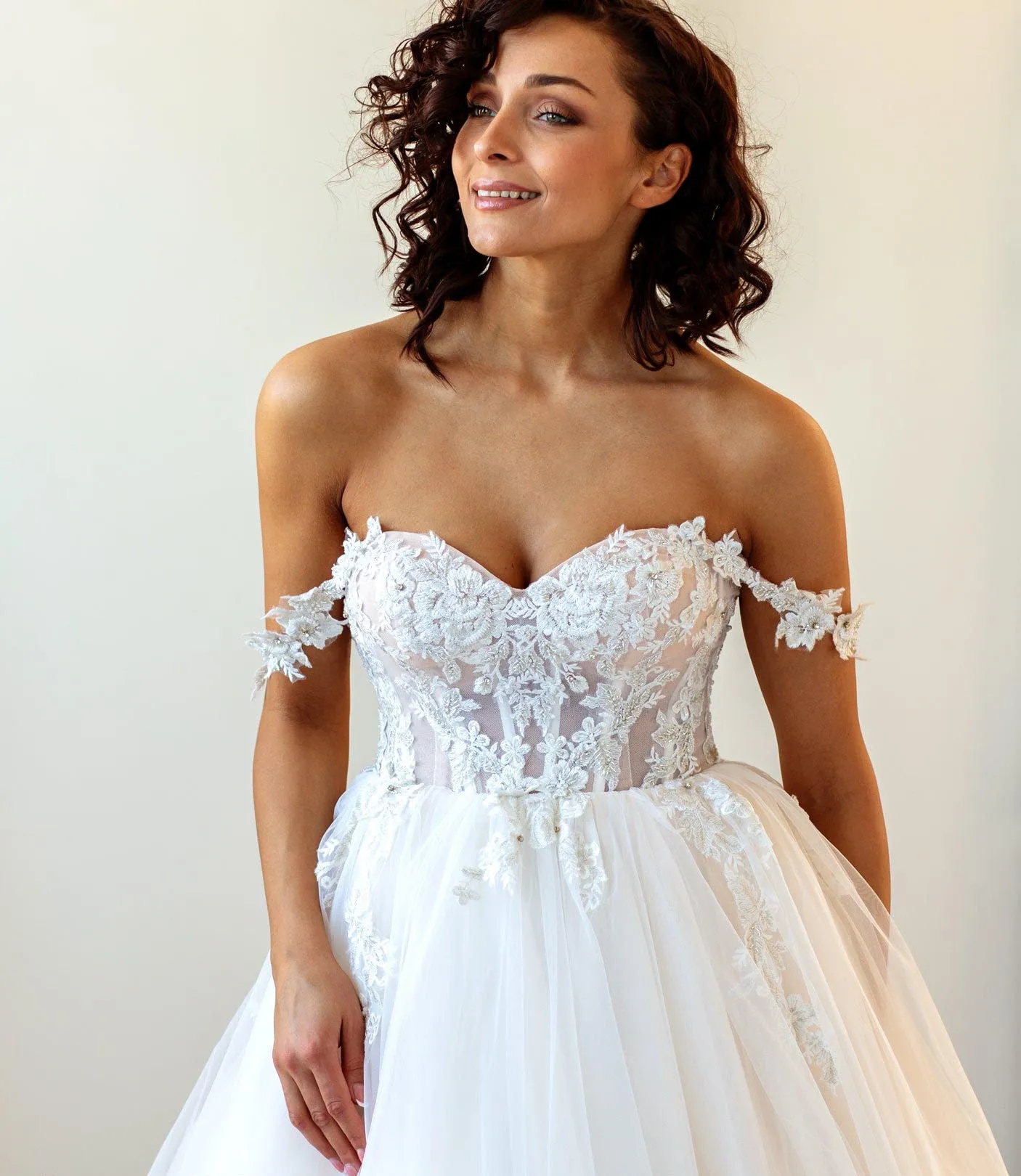 Designer Lace Illusion Corset Off-shoulder Ball Gown Wedding Dress