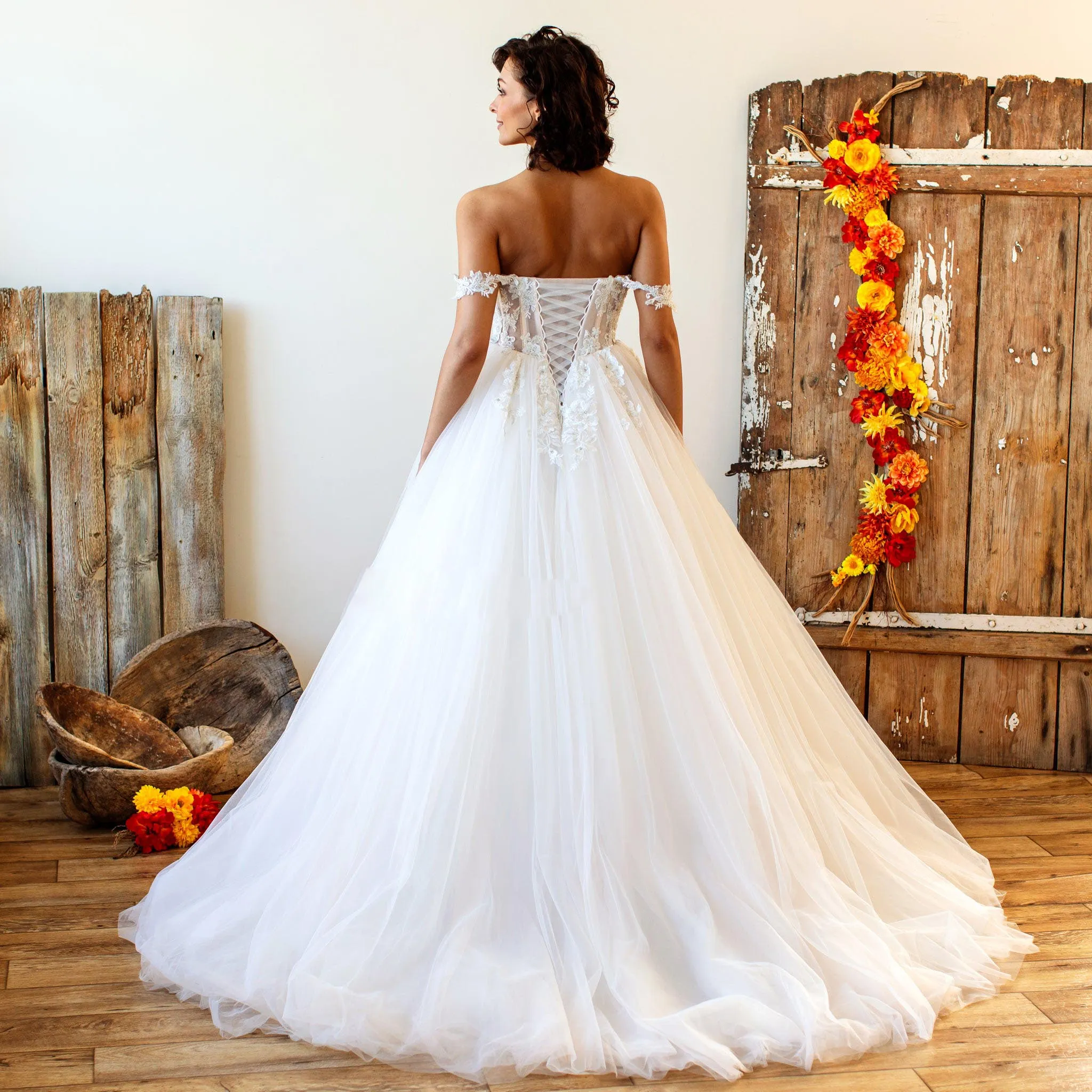 Designer Lace Illusion Corset Off-shoulder Ball Gown Wedding Dress