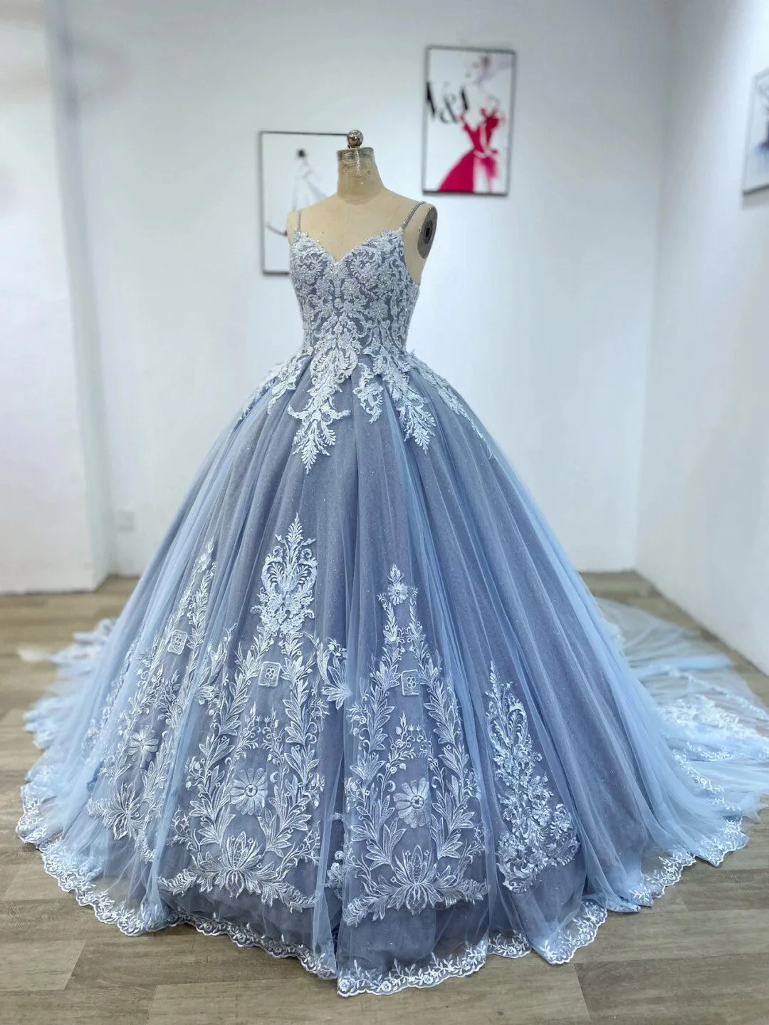 Dusty Blue Lace Ball Gown Puffy Quinceanera Dress