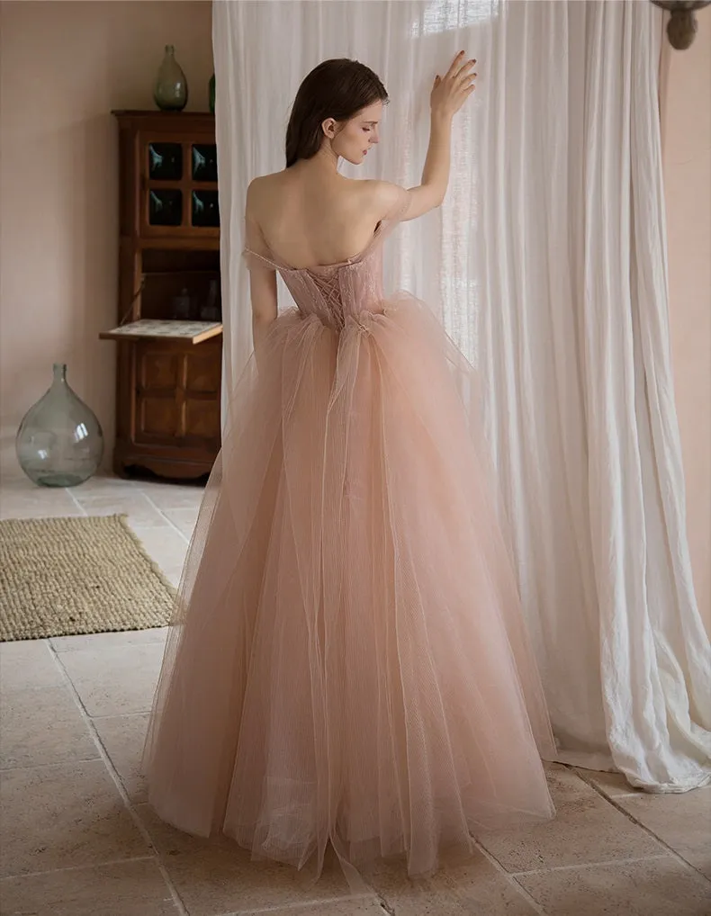 Dusty Rose Ball Gown Tulle Wedding Dress