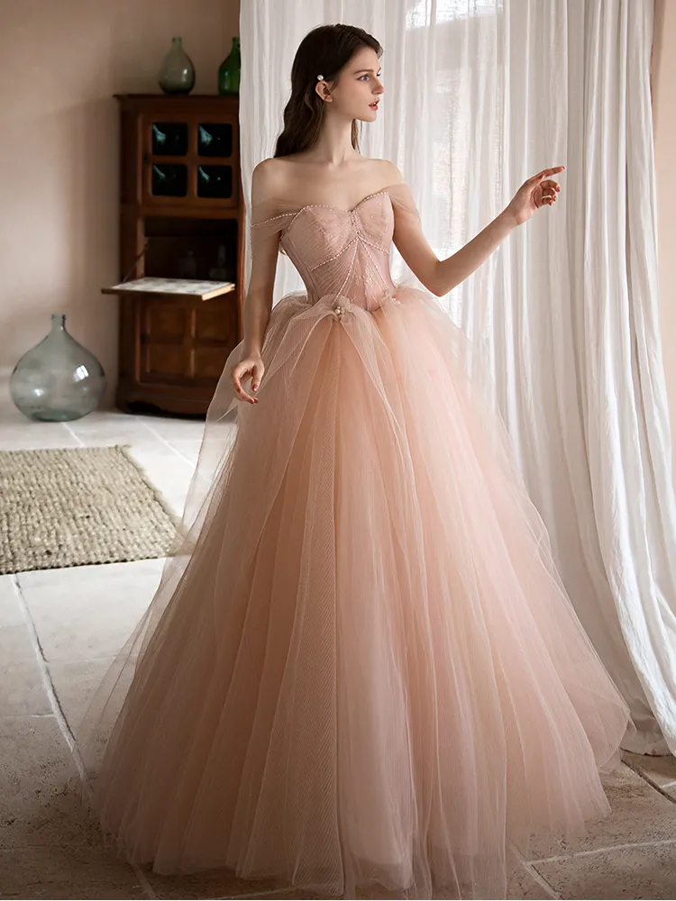 Dusty Rose Ball Gown Tulle Wedding Dress