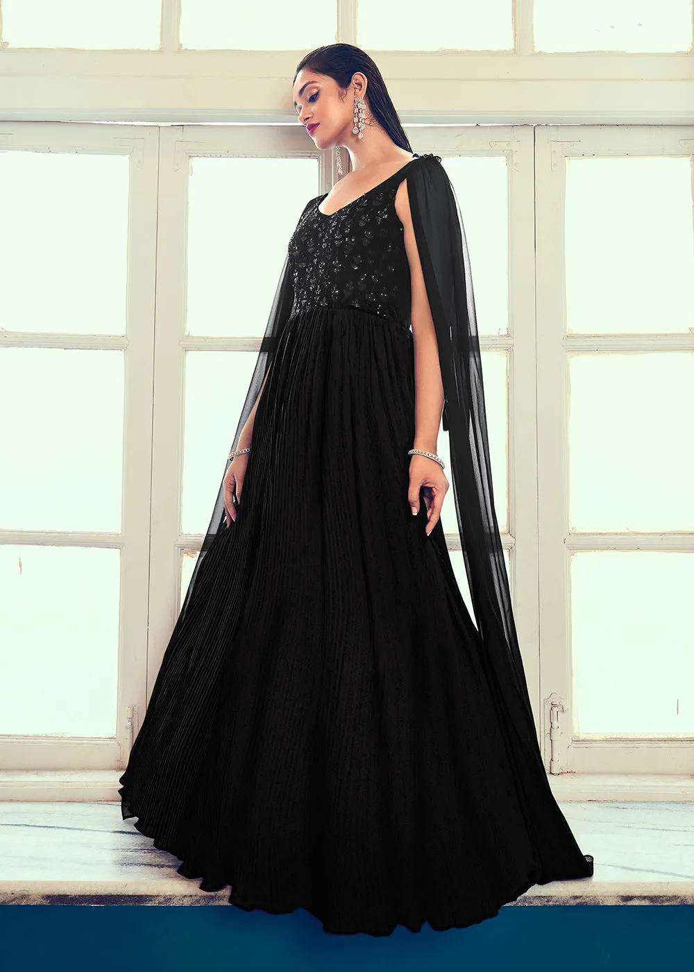 Georgette Pretty Black Sequins & Thread Party Wear Gown