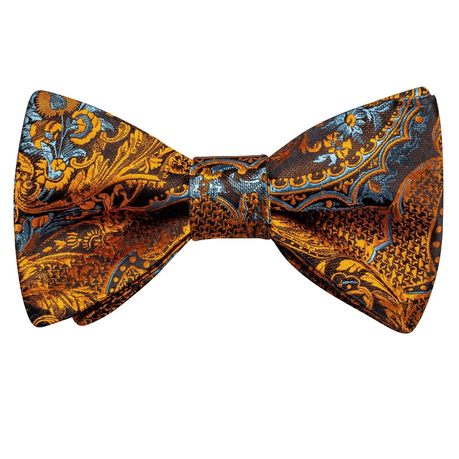 Gold Brown Paisley Pre-tied Bow Tie Hanky Cufflinks Set