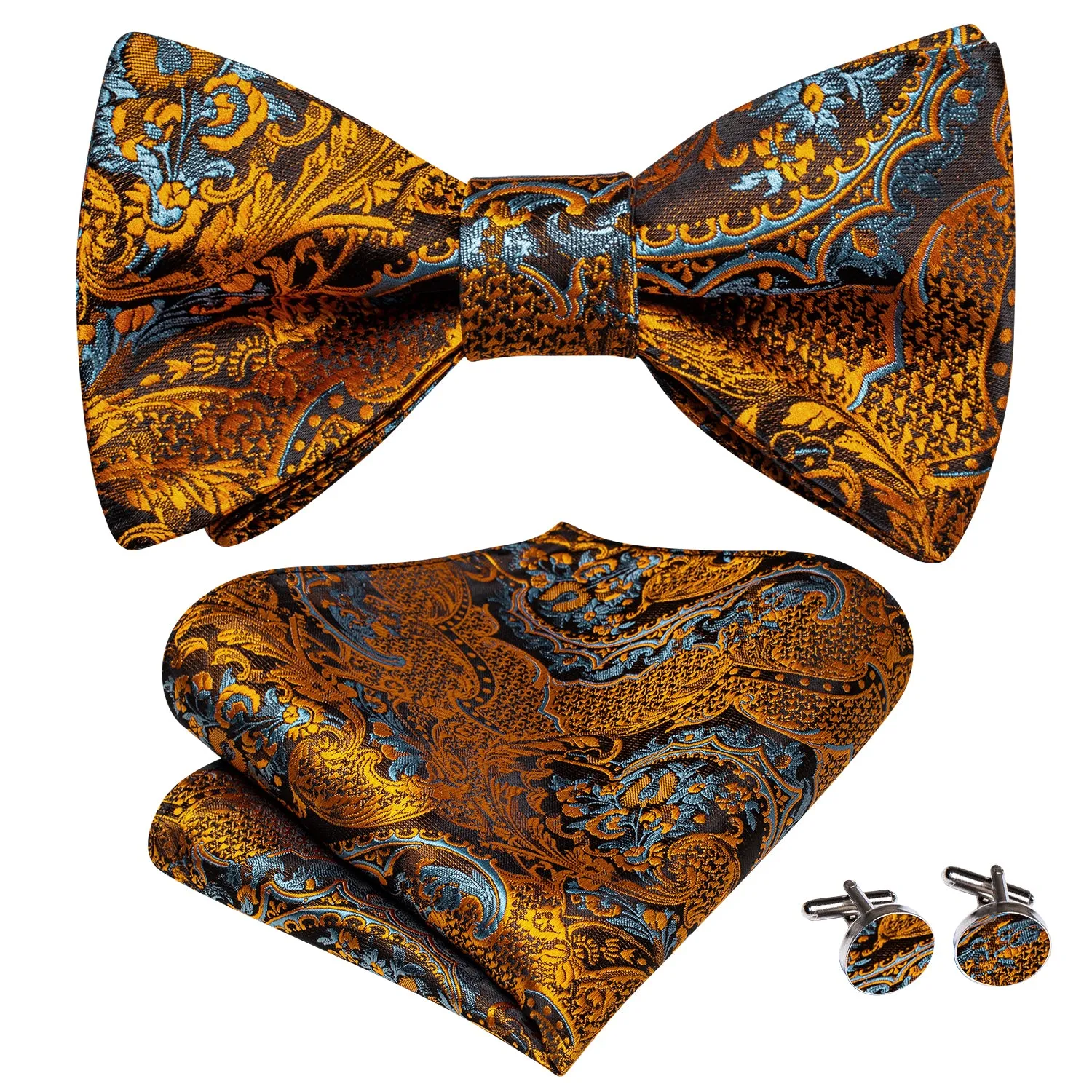 Gold Brown Paisley Pre-tied Bow Tie Hanky Cufflinks Set