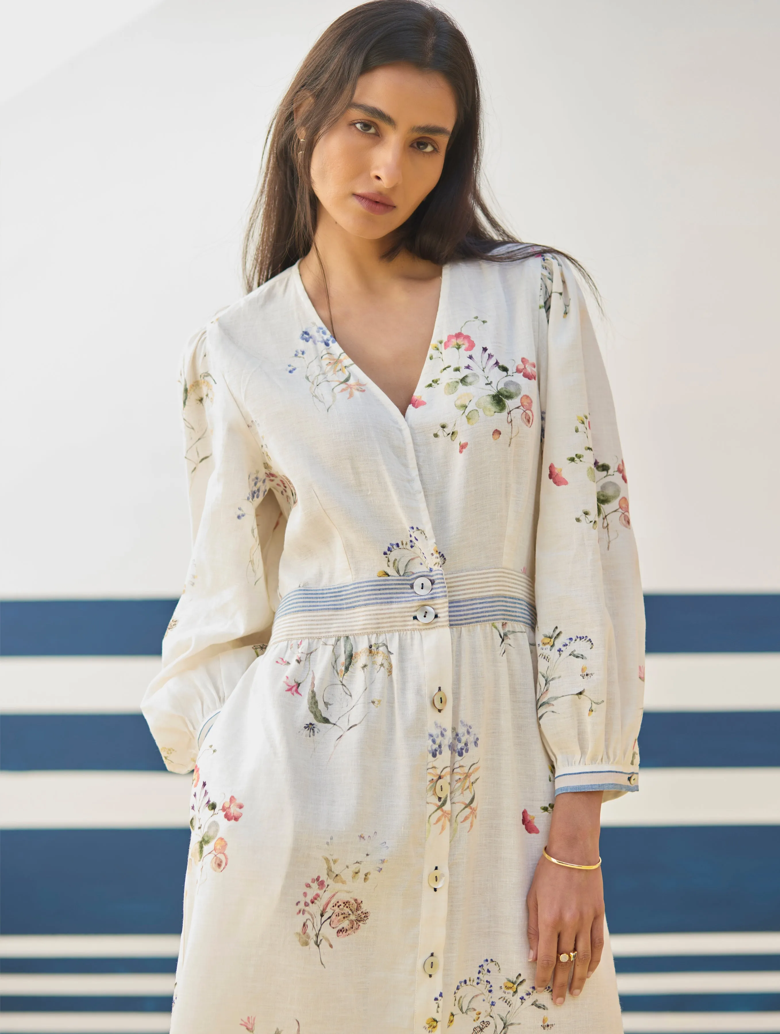 Greta Floral Linen Dress - Ivory