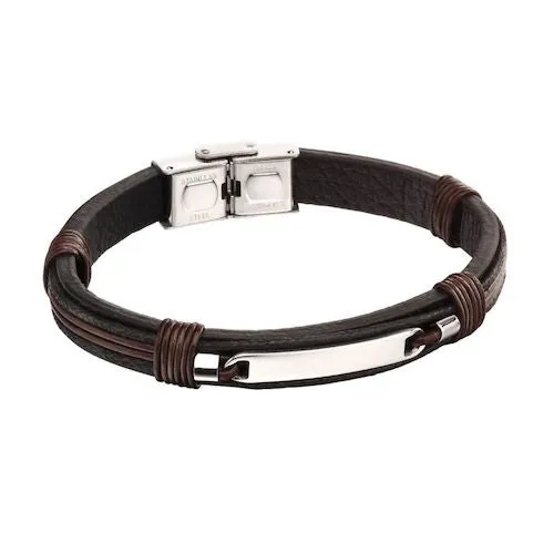 ID Bar Black Leather Bracelet with Brown Cord Detail