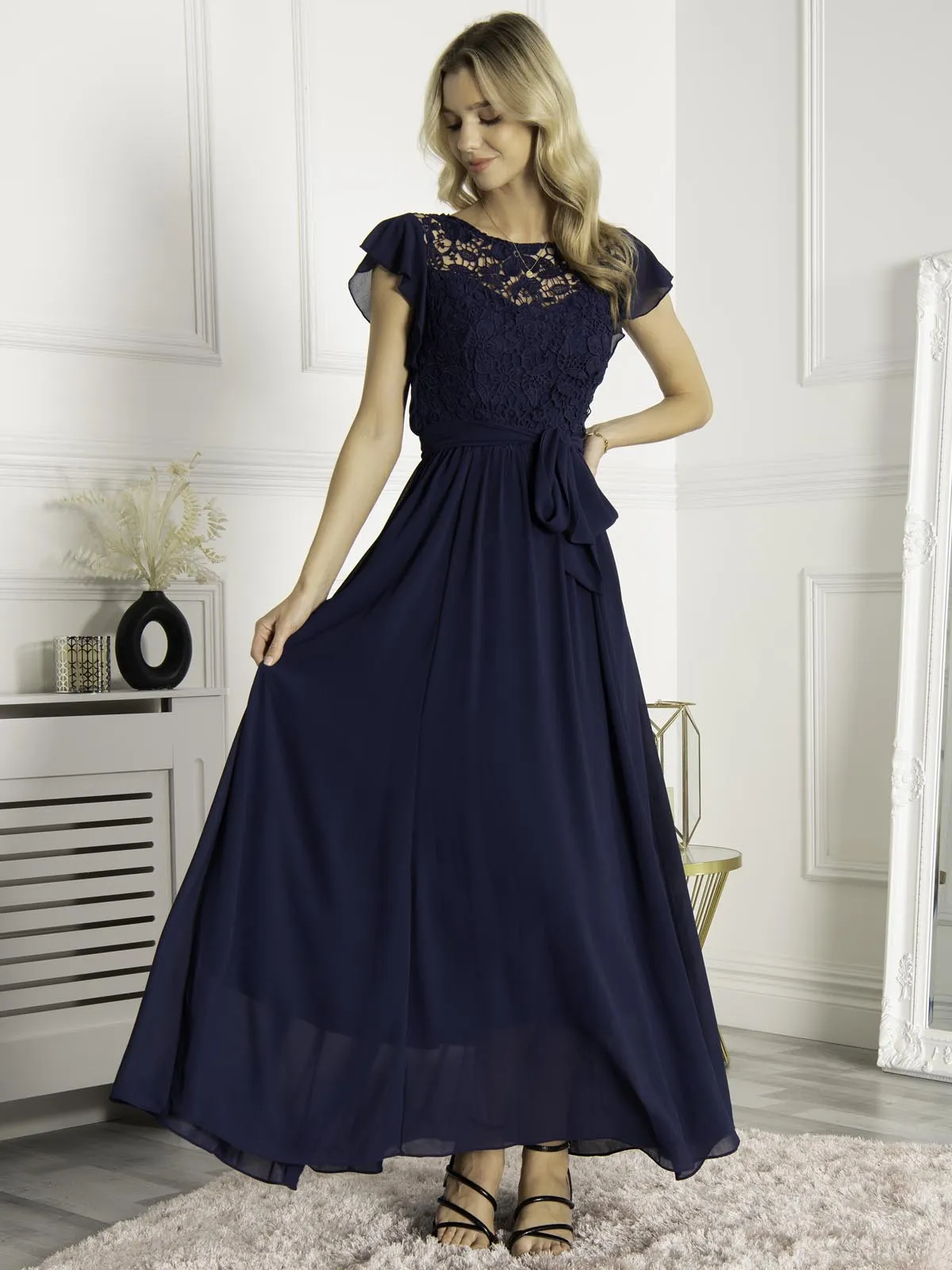 Jolie Moi Crochet Lace Bodice Maxi Dress Navy