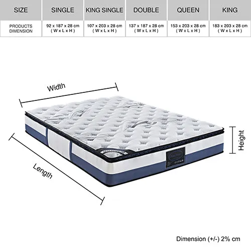 King Single Mattress, 28cm Latex Pillow Top, Pocket Spring, Medium Firm