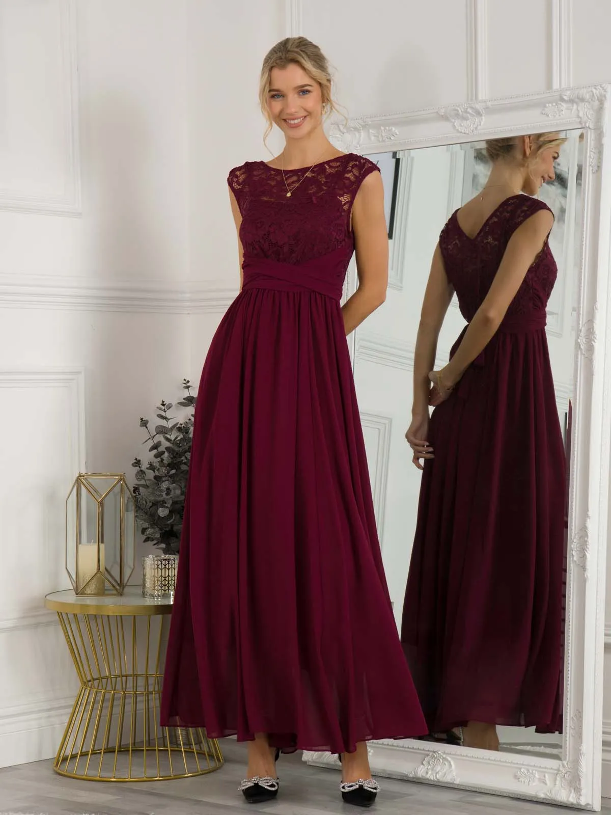 Lace Bodice Chiffon Maxi Bridesmaid Dress, Burgundy