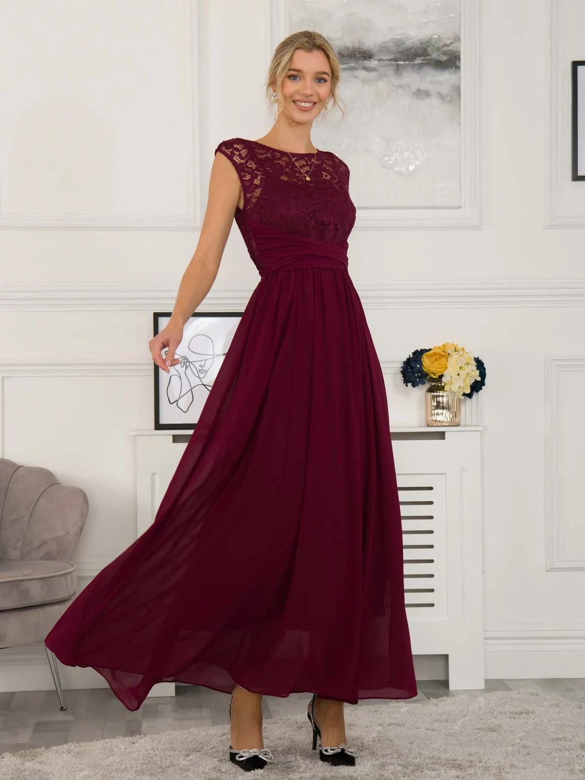 Lace Bodice Chiffon Maxi Bridesmaid Dress, Burgundy