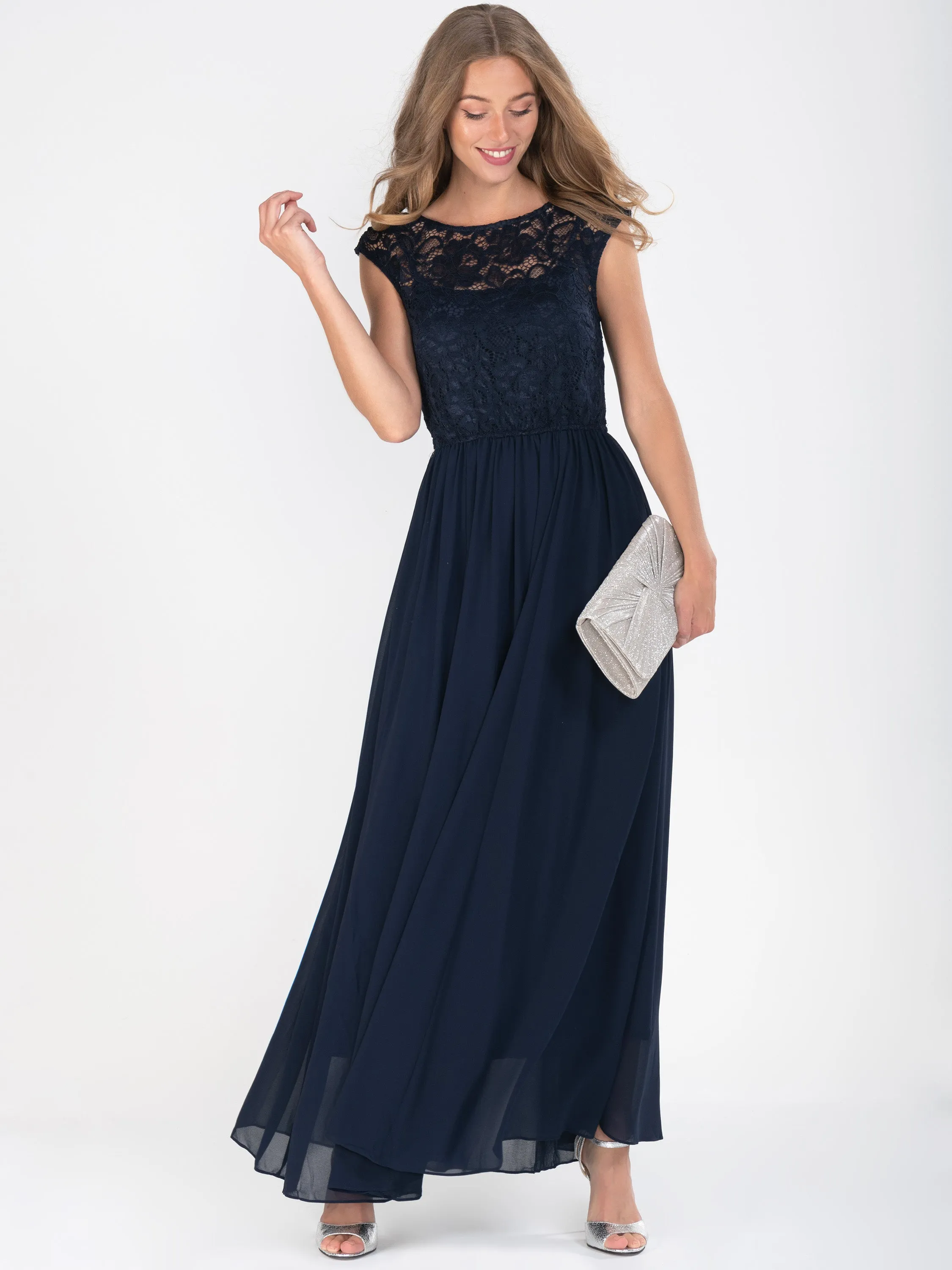 Lace Bodice Chiffon Maxi Bridesmaid Dress, Navy