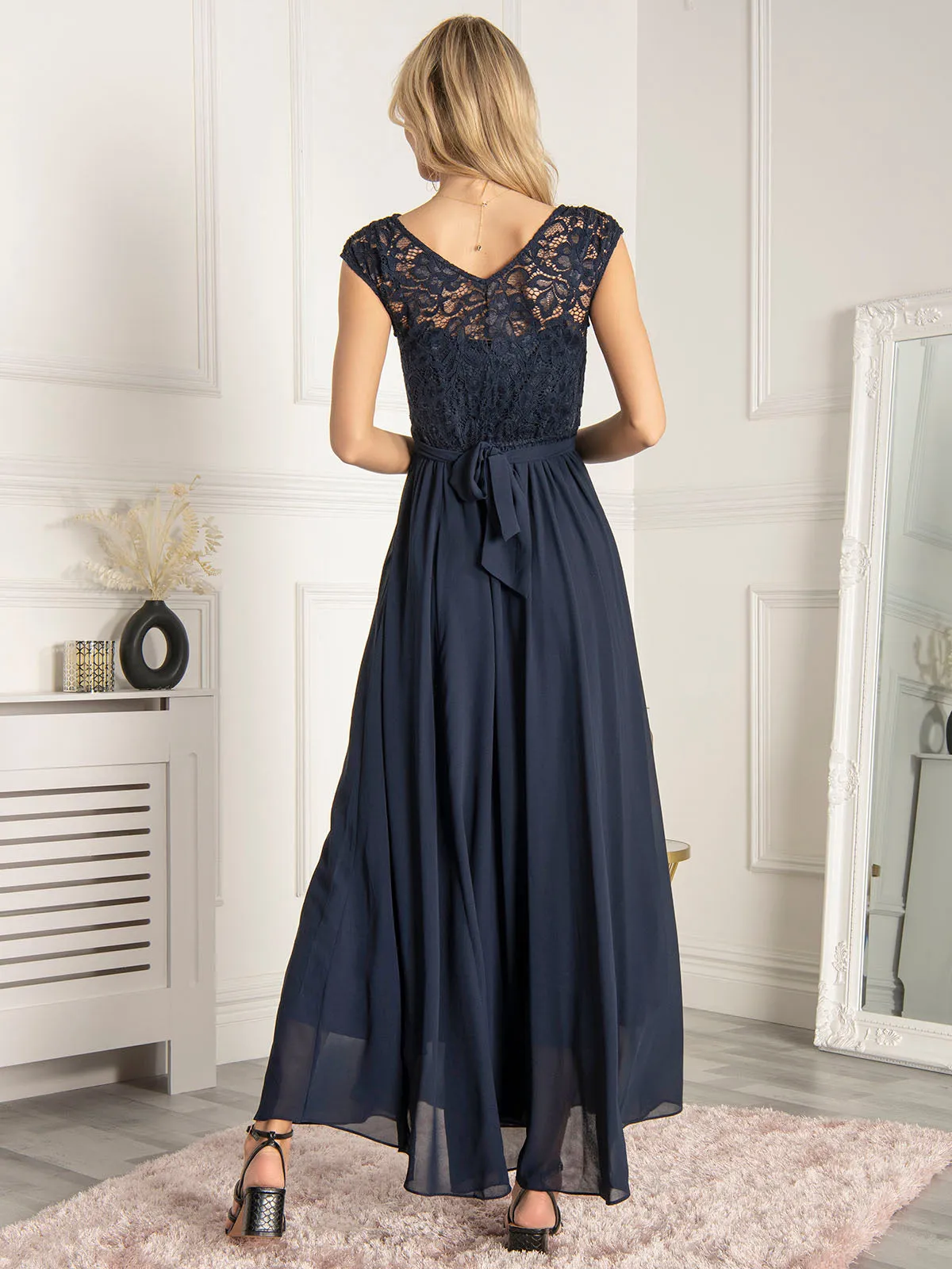 Lace Bodice Chiffon Maxi Bridesmaid Dress, Navy