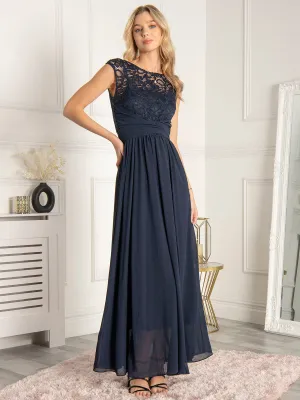 Lace Bodice Chiffon Maxi Bridesmaid Dress, Navy