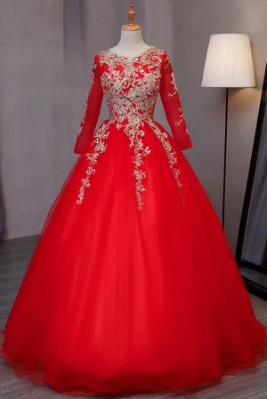 Long Sleeve Red Puffy Sweet 15 Dress Quinceanera Dress,21121302