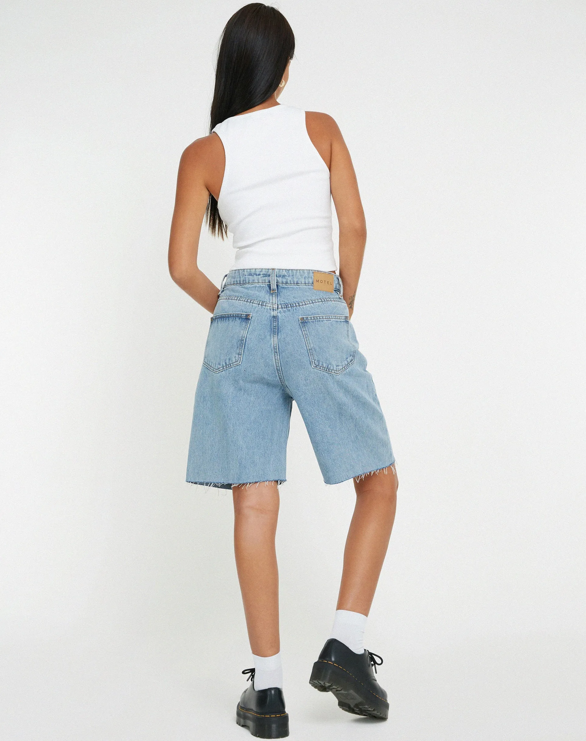 Longline Dad Denim Shorts in Light Wash