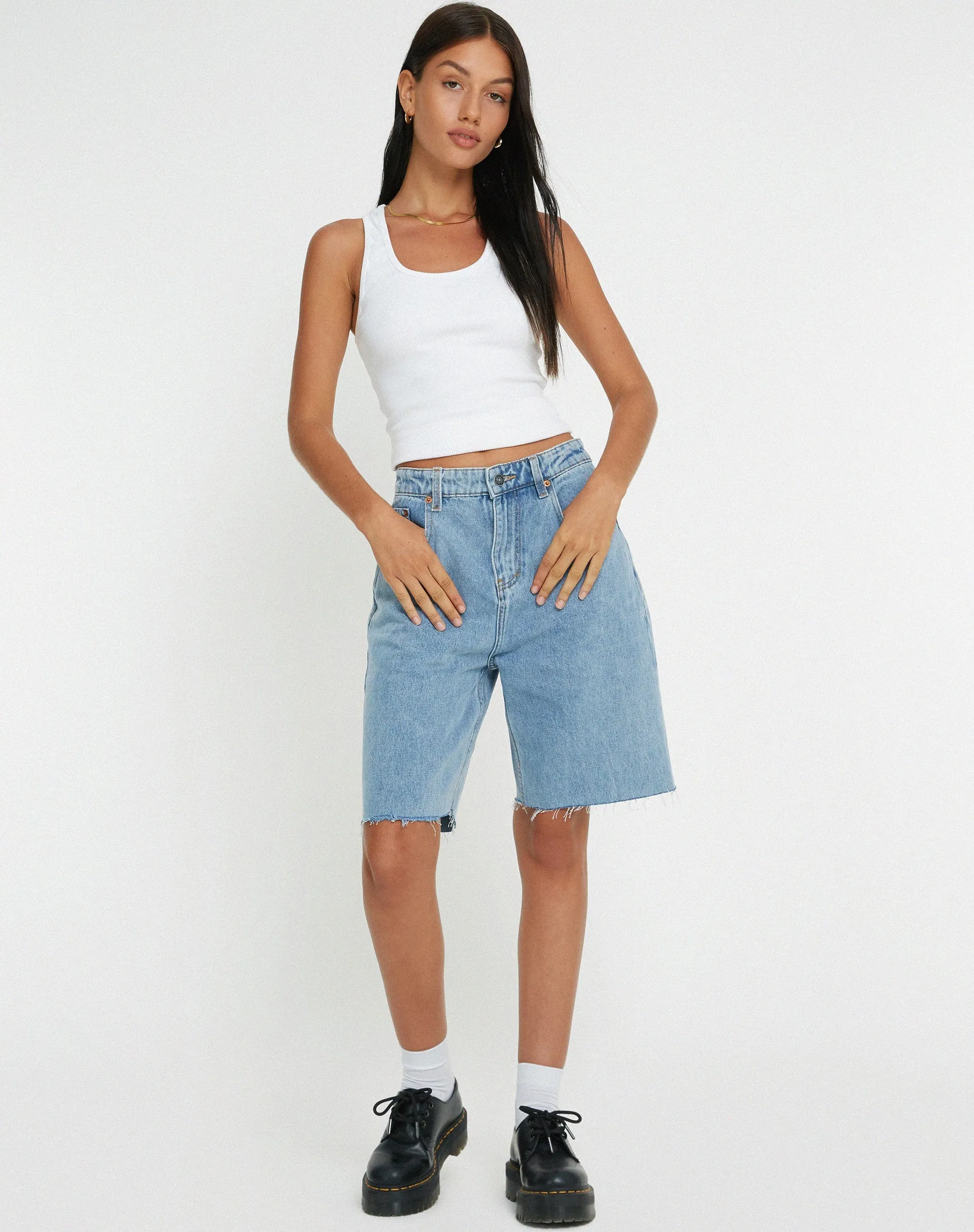 Longline Dad Denim Shorts in Light Wash